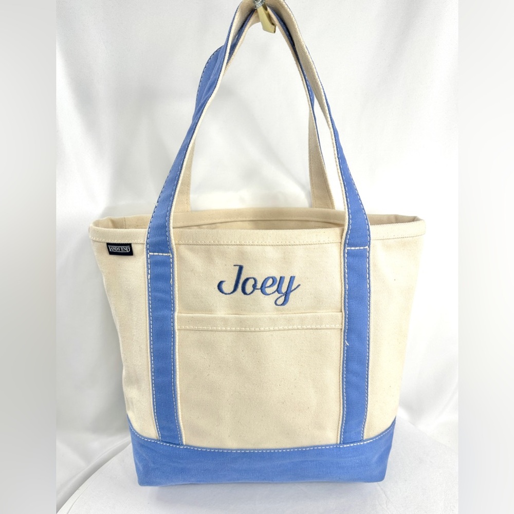 Lands End Cream Blue Canvas Large Tote Bag Travel Beach School Sports Joey